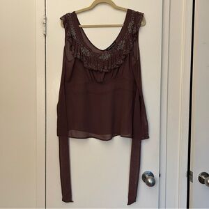 French Connection Sheer Silk Sleeveless Top with Beaded Bib in Brown (Size 12)